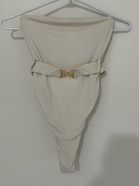 Meshki Boutique White Strapless Belted Swimsuit with Gold Buckle